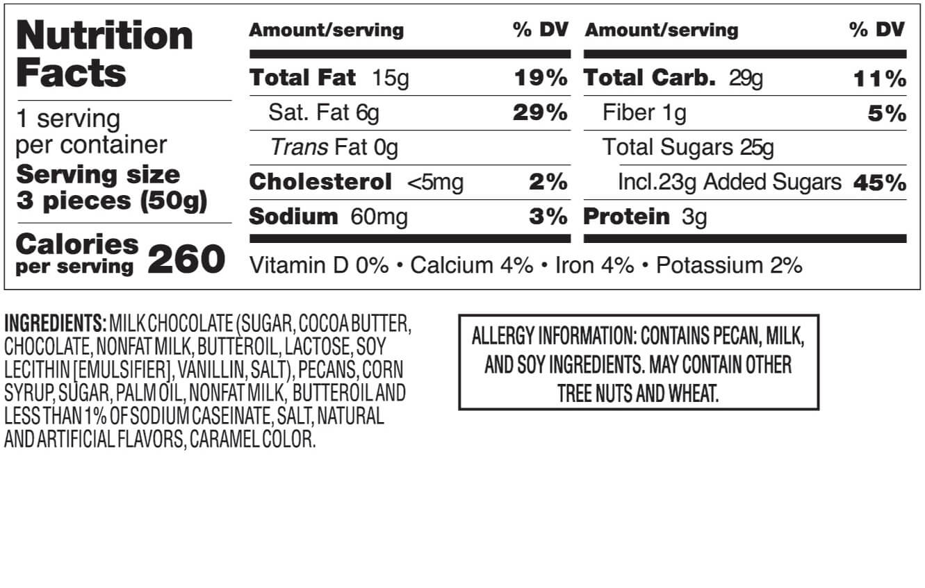 Nutrition facts for 3 piece milk chocolate turtles bar