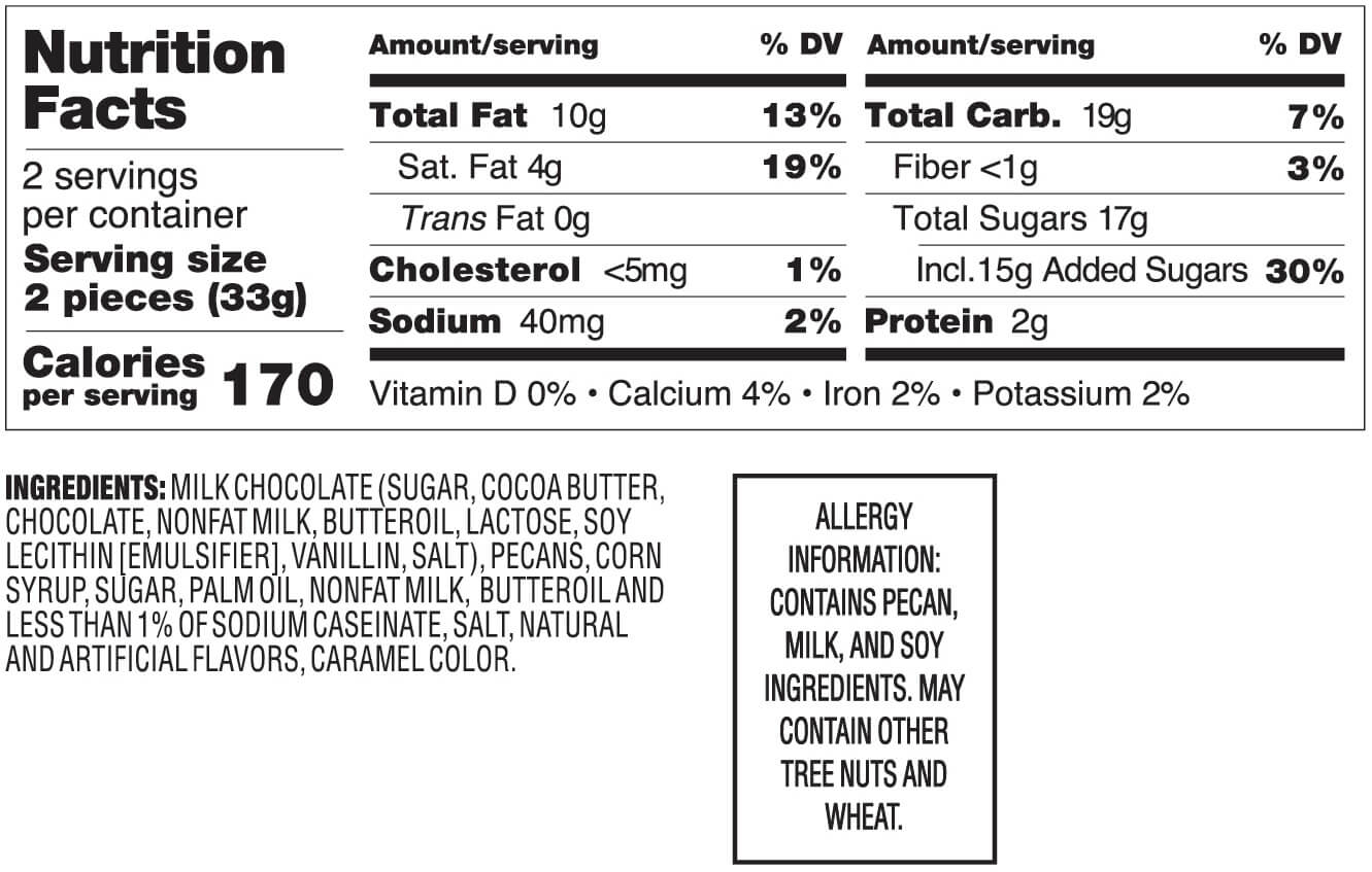 Nutrition facts for 4 piece king size chocolate turtles bar