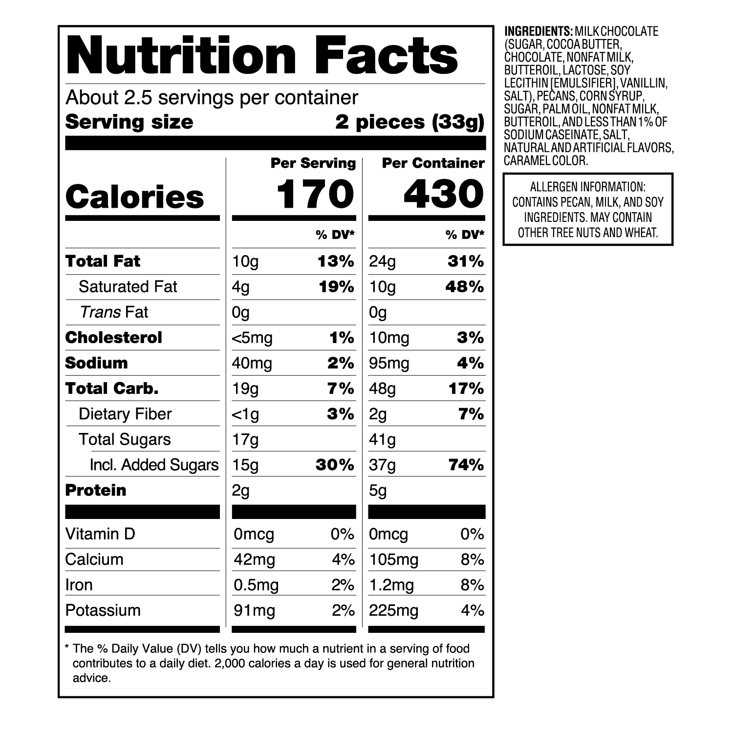 Nutrition facts for small box of Demet's chocolate turtles