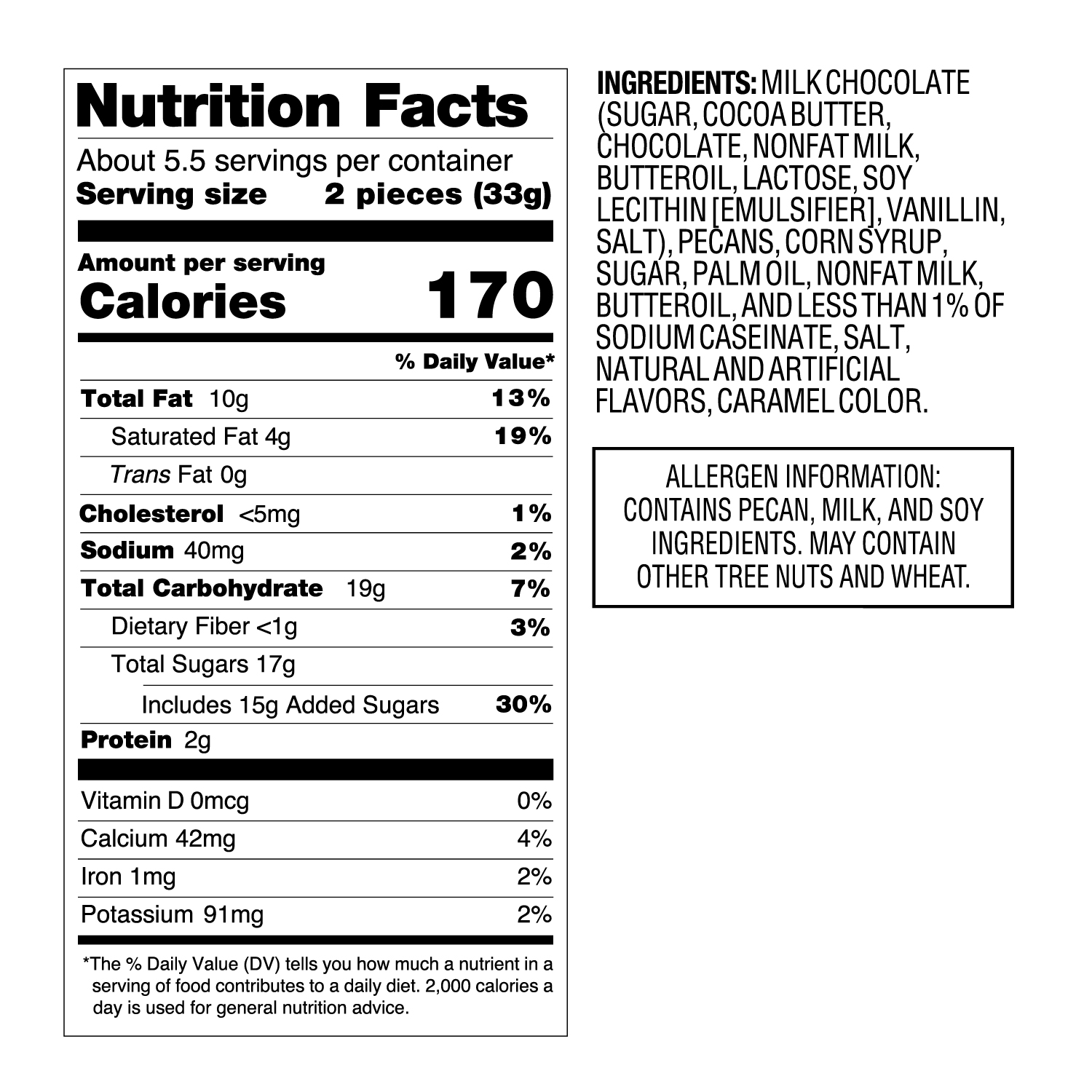 Nutrition facts for box of Demet's turtles