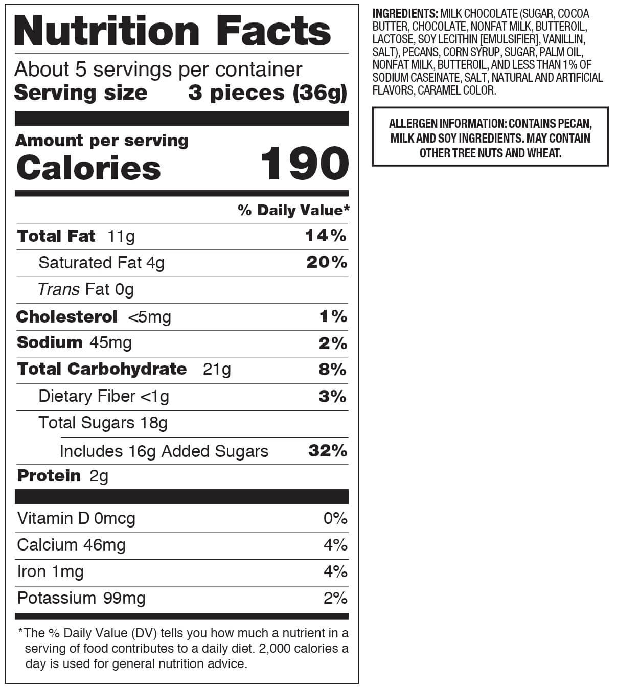 Nutrition facts for milk chocolate turtles bites