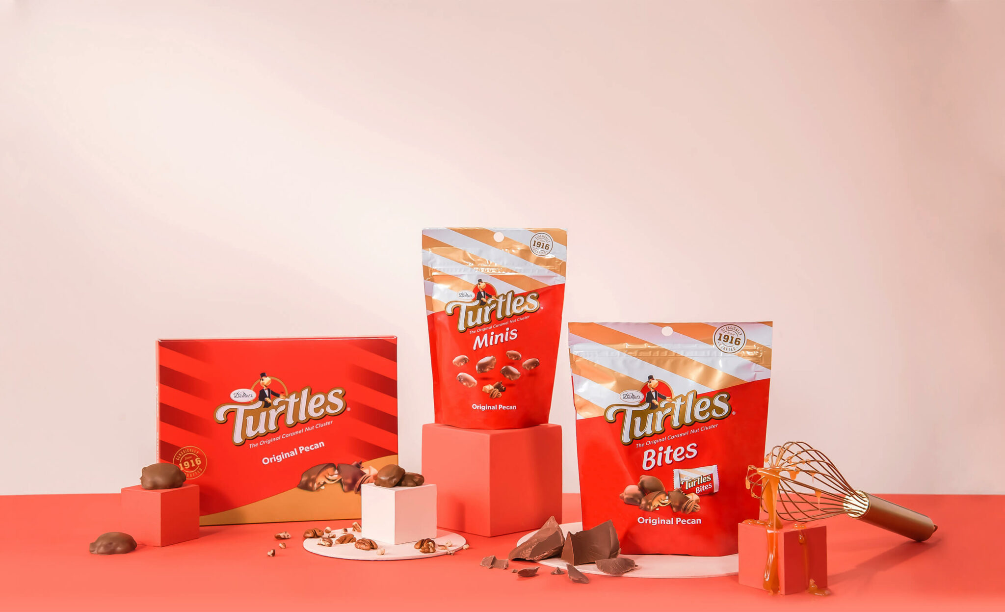 Image of a gift box and bags of Demet's milk chocolate turtles