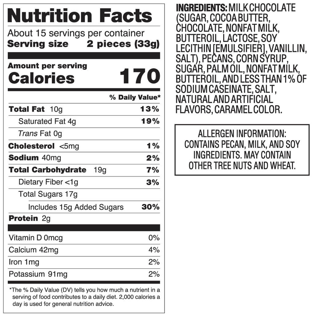Nutrition facts for classic Demets milk chocolate turtles
